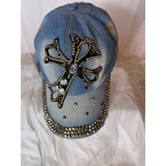 Distressed Denim Cross‎ Rhinestone Bling Fashion Cap - Picture 1 of 7